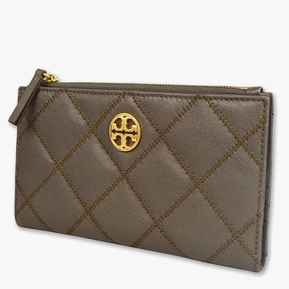 Tory Burch Quilted Zip Clutch in Olive Brown with Gold Logo